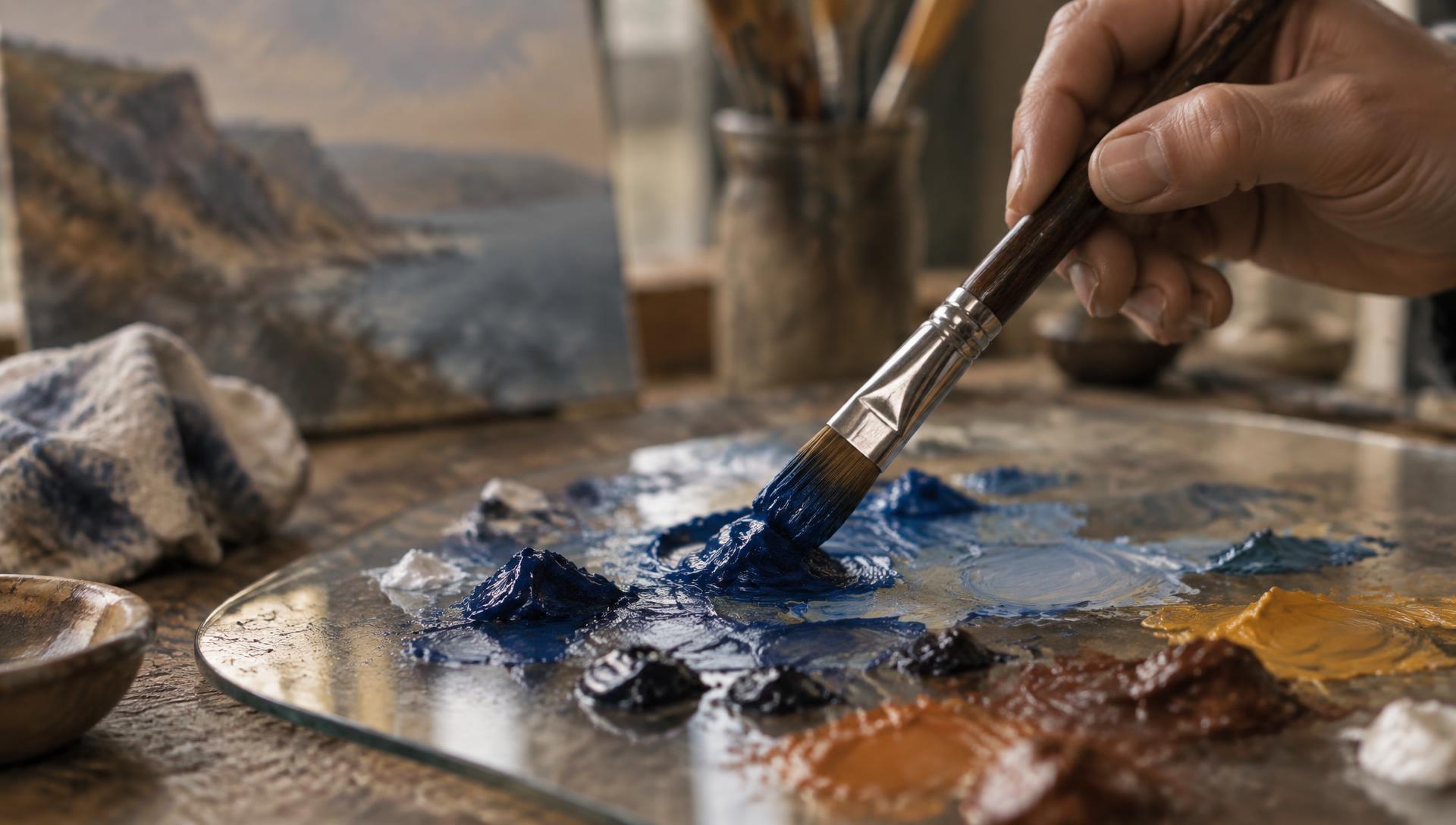 A painter loading a filbert brush with deep blue oil paint on a glass palette